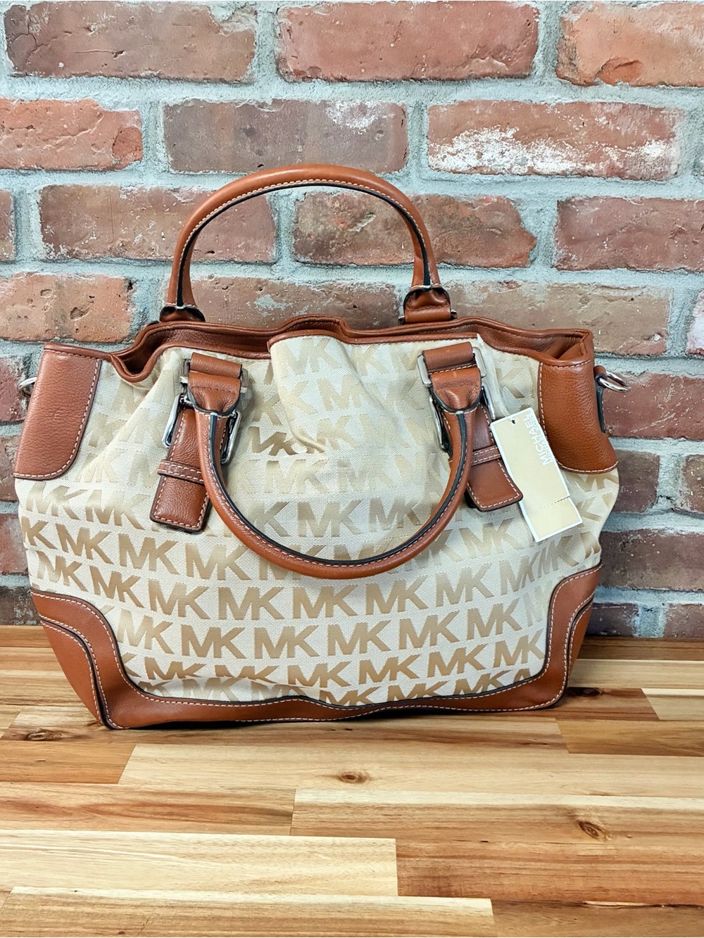 Michael Kors Beige & Brown MK Logo Satchel Tote